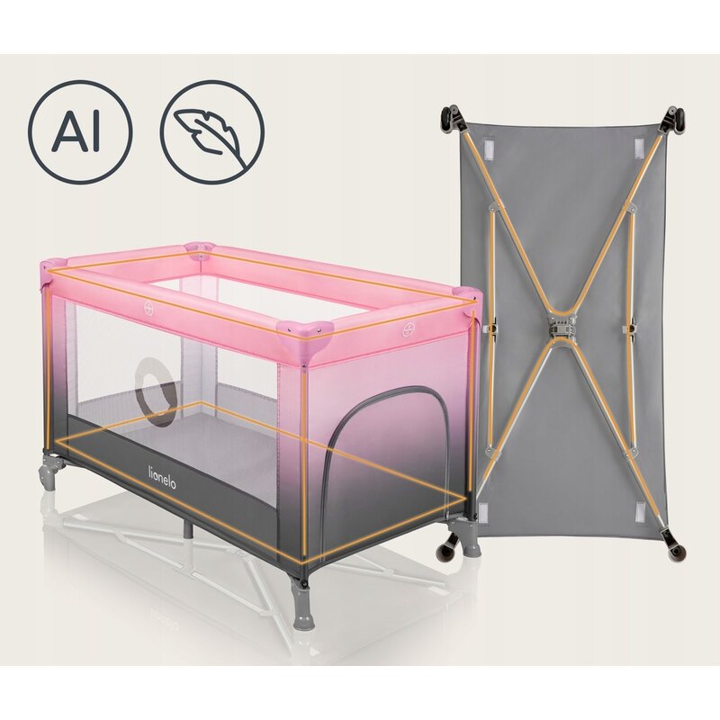 Patut pliant, Lionelo, Stefi, Cu un nivel, Cu intrare laterala cu fermoar, 2 roti, 120x60 cm, Conform cu standardul european de securitate EN 716, Roz Ombre - gogobaby.ro