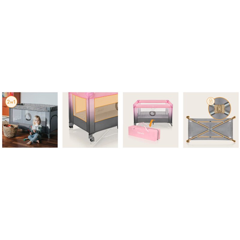 Patut pliant, Lionelo, Stefi, Cu un nivel, Cu intrare laterala cu fermoar, 2 roti, 120x60 cm, Conform cu standardul european de securitate EN 716, Roz Ombre - gogobaby.ro