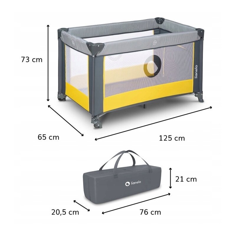 Patut pliant, Lionelo, Stefi, Cu un nivel, Cu intrare laterala cu fermoar, 2 roti, 120x60 cm, Conform cu standardul european de securitate EN 716, Yellow Lemon - gogobaby.ro