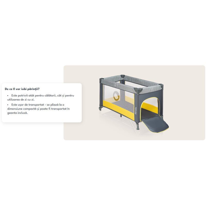 Patut pliant, Lionelo, Stefi, Cu un nivel, Cu intrare laterala cu fermoar, 2 roti, 120x60 cm, Conform cu standardul european de securitate EN 716, Yellow Lemon - gogobaby.ro