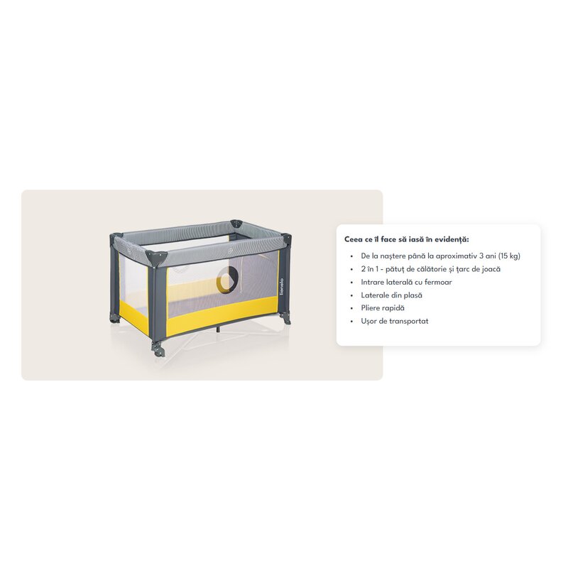 Patut pliant, Lionelo, Stefi, Cu un nivel, Cu intrare laterala cu fermoar, 2 roti, 120x60 cm, Conform cu standardul european de securitate EN 716, Yellow Lemon - gogobaby.ro