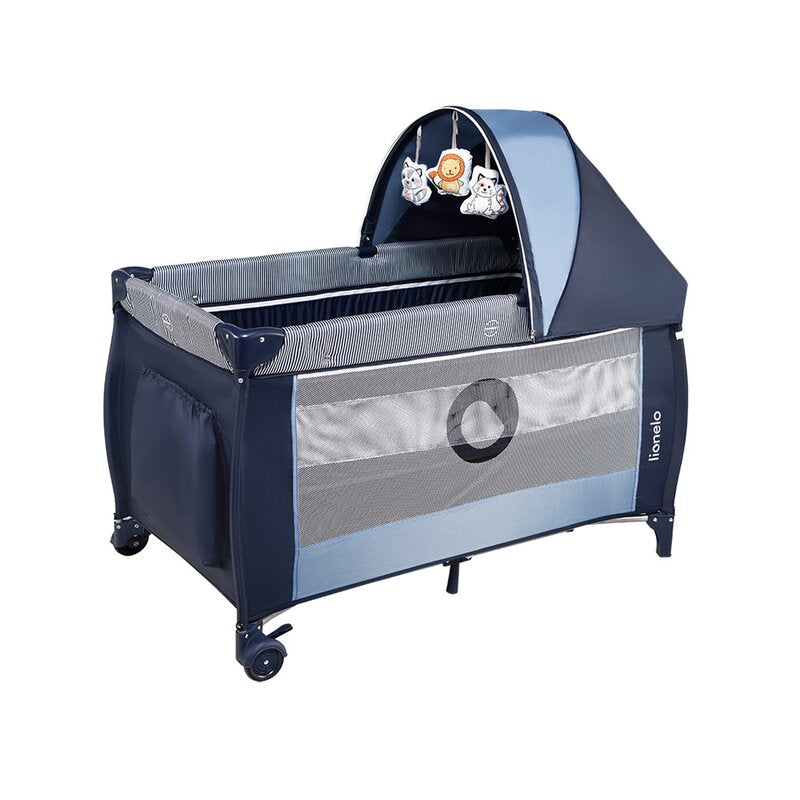 Patut pliant, Lionelo, Sven Plus, 120x60 cm, Cu doua nivele, Cu arcada jucarii, masuta de infasat, vibratii, melodii, conform cu standardele europeane de securitate EN716 si EN12221, Blue Navy - gogobaby.ro