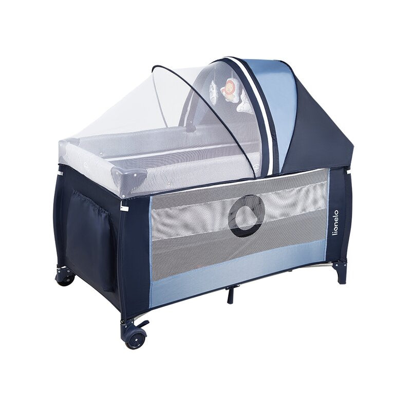 Patut pliant, Lionelo, Sven Plus, 120x60 cm, Cu doua nivele, Cu arcada jucarii, masuta de infasat, vibratii, melodii, conform cu standardele europeane de securitate EN716 si EN12221, Blue Navy - gogobaby.ro