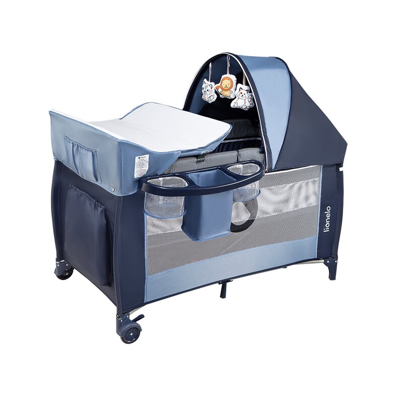 Patut pliant, Lionelo, Sven Plus, 120x60 cm, Cu doua nivele, Cu arcada jucarii, masuta de infasat, vibratii, melodii, conform cu standardele europeane de securitate EN716 si EN12221, Blue Navy - gogobaby.ro