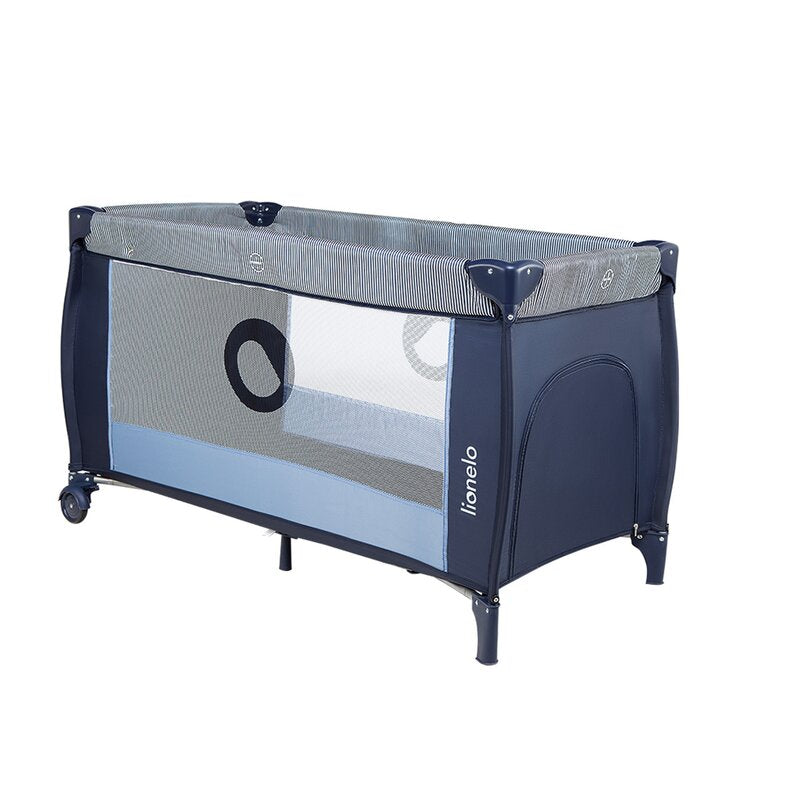 Patut pliant, Lionelo, Sven Plus, 120x60 cm, Cu doua nivele, Cu arcada jucarii, masuta de infasat, vibratii, melodii, conform cu standardele europeane de securitate EN716 si EN12221, Blue Navy - gogobaby.ro