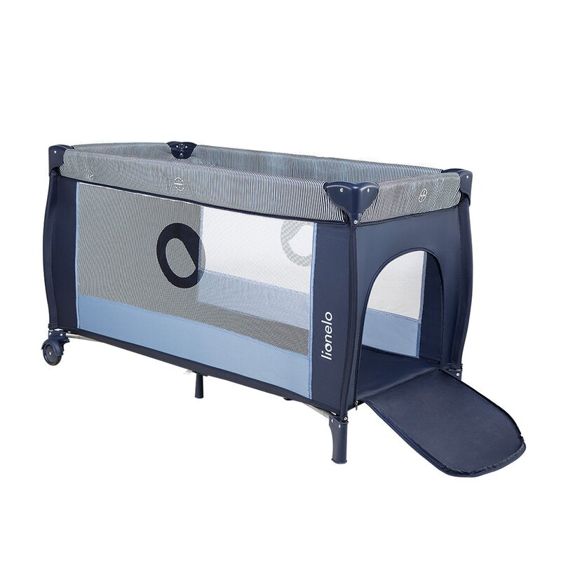 Patut pliant, Lionelo, Sven Plus, 120x60 cm, Cu doua nivele, Cu arcada jucarii, masuta de infasat, vibratii, melodii, conform cu standardele europeane de securitate EN716 si EN12221, Blue Navy - gogobaby.ro
