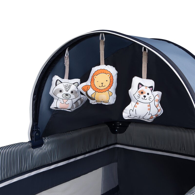 Patut pliant, Lionelo, Sven Plus, 120x60 cm, Cu doua nivele, Cu arcada jucarii, masuta de infasat, vibratii, melodii, conform cu standardele europeane de securitate EN716 si EN12221, Blue Navy - gogobaby.ro
