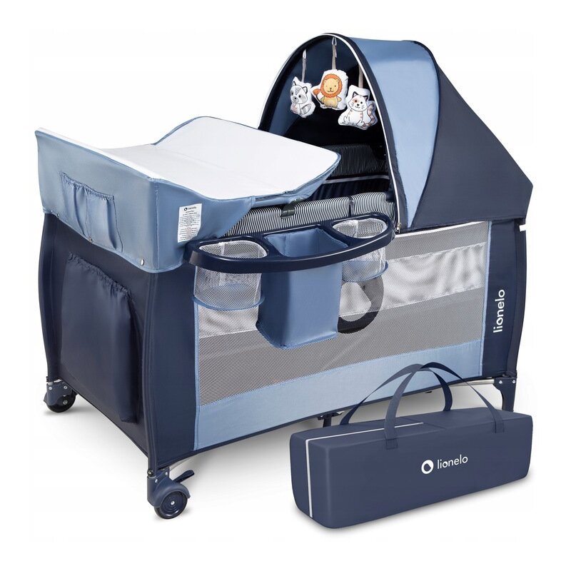 Patut pliant, Lionelo, Sven Plus, 120x60 cm, Cu doua nivele, Cu arcada jucarii, masuta de infasat, vibratii, melodii, conform cu standardele europeane de securitate EN716 si EN12221, Blue Navy - gogobaby.ro