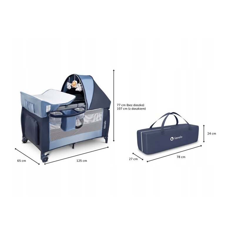 Patut pliant, Lionelo, Sven Plus, 120x60 cm, Cu doua nivele, Cu arcada jucarii, masuta de infasat, vibratii, melodii, conform cu standardele europeane de securitate EN716 si EN12221, Blue Navy - gogobaby.ro