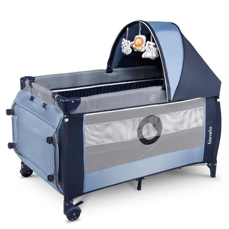 Patut pliant, Lionelo, Sven Plus, 120x60 cm, Cu doua nivele, Cu arcada jucarii, masuta de infasat, vibratii, melodii, conform cu standardele europeane de securitate EN716 si EN12221, Blue Navy - gogobaby.ro