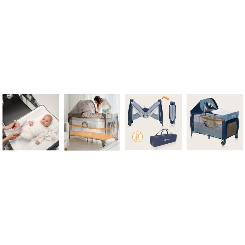 Patut pliant, Lionelo, Sven Plus, 120x60 cm, Cu doua nivele, Cu arcada jucarii, masuta de infasat, vibratii, melodii, conform cu standardele europeane de securitate EN716 si EN12221, Blue Navy - gogobaby.ro