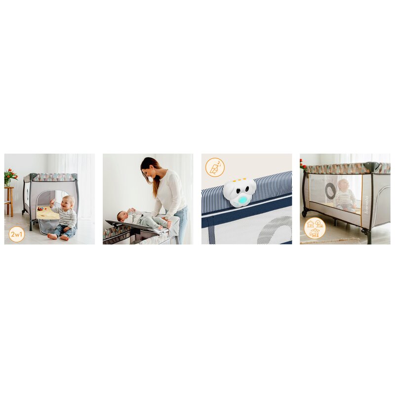 Patut pliant, Lionelo, Sven Plus, 120x60 cm, Cu doua nivele, Cu arcada jucarii, masuta de infasat, vibratii, melodii, conform cu standardele europeane de securitate EN716 si EN12221, Blue Navy - gogobaby.ro
