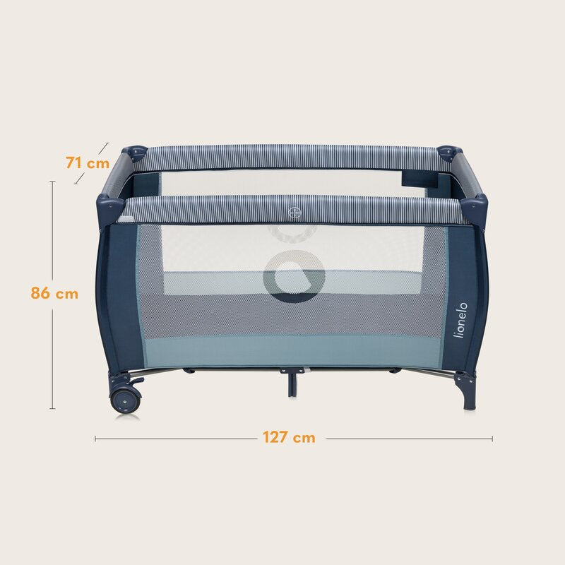 Patut pliant, Lionelo, Sven Plus, 120x60 cm, Cu doua nivele, Cu arcada jucarii, masuta de infasat, vibratii, melodii, conform cu standardele europeane de securitate EN716 si EN12221, Blue Navy - gogobaby.ro