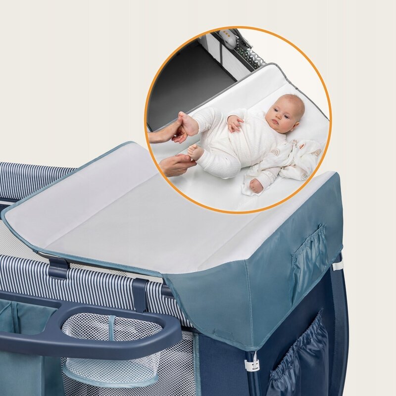 Patut pliant, Lionelo, Sven Plus, 120x60 cm, Cu doua nivele, Cu arcada jucarii, masuta de infasat, vibratii, melodii, conform cu standardele europeane de securitate EN716 si EN12221, Blue Navy - gogobaby.ro