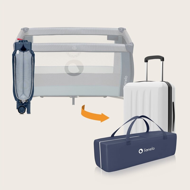 Patut pliant, Lionelo, Sven Plus, 120x60 cm, Cu doua nivele, Cu arcada jucarii, masuta de infasat, vibratii, melodii, conform cu standardele europeane de securitate EN716 si EN12221, Blue Navy - gogobaby.ro