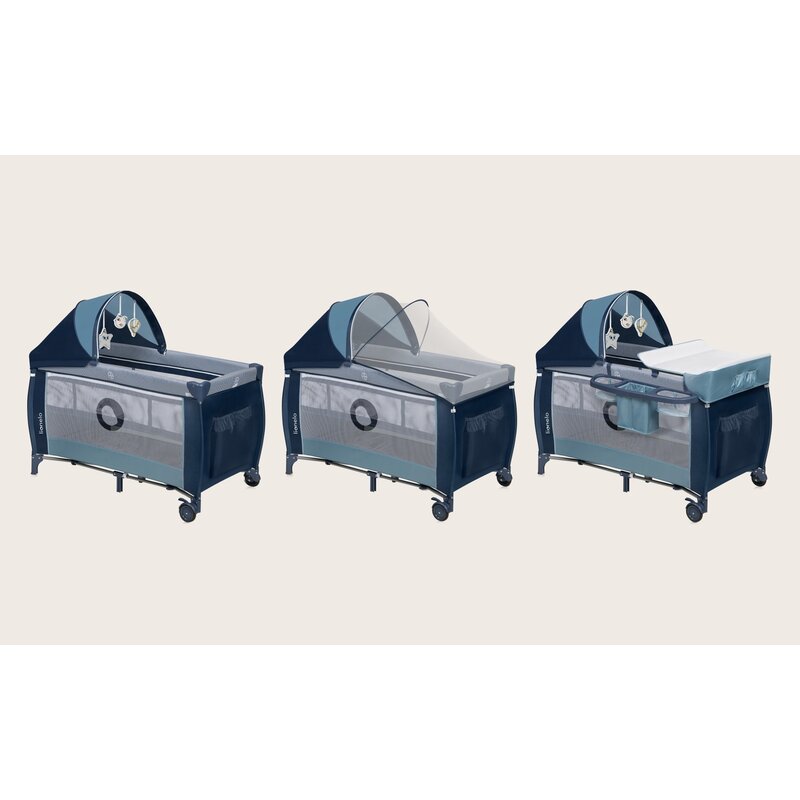 Patut pliant, Lionelo, Sven Plus, 120x60 cm, Cu doua nivele, Cu arcada jucarii, masuta de infasat, vibratii, melodii, conform cu standardele europeane de securitate EN716 si EN12221, Blue Navy - gogobaby.ro
