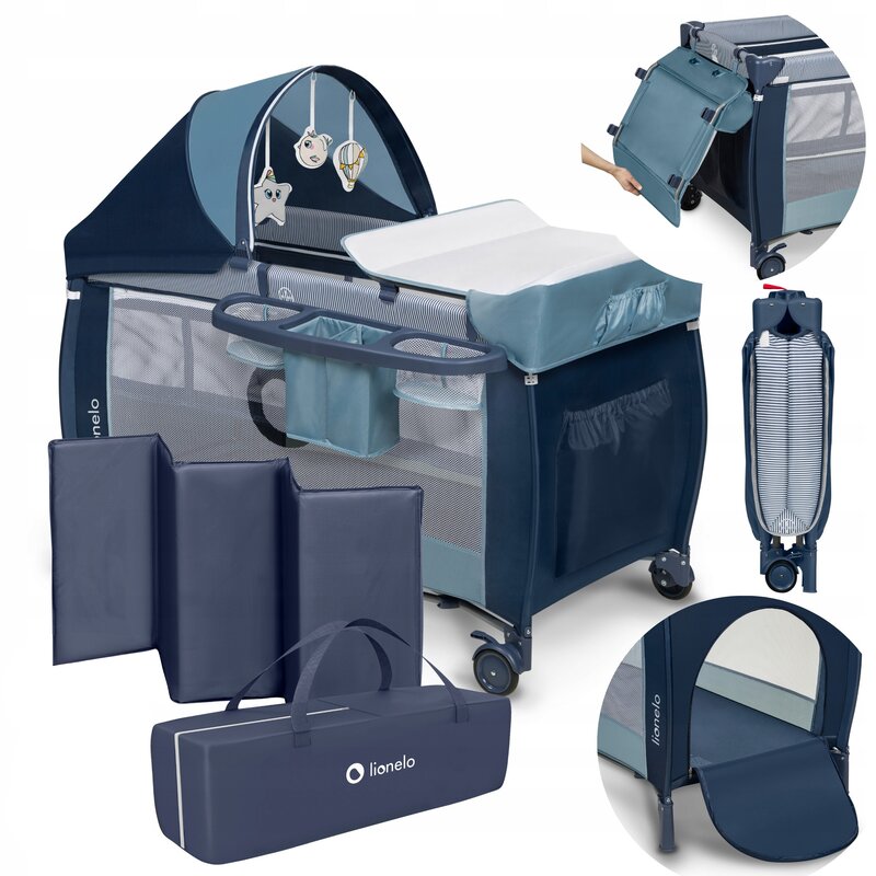 Patut pliant, Lionelo, Sven Plus, 120x60 cm, Cu doua nivele, Cu arcada jucarii, masuta de infasat, vibratii, melodii, conform cu standardele europeane de securitate EN716 si EN12221, Blue Navy - gogobaby.ro