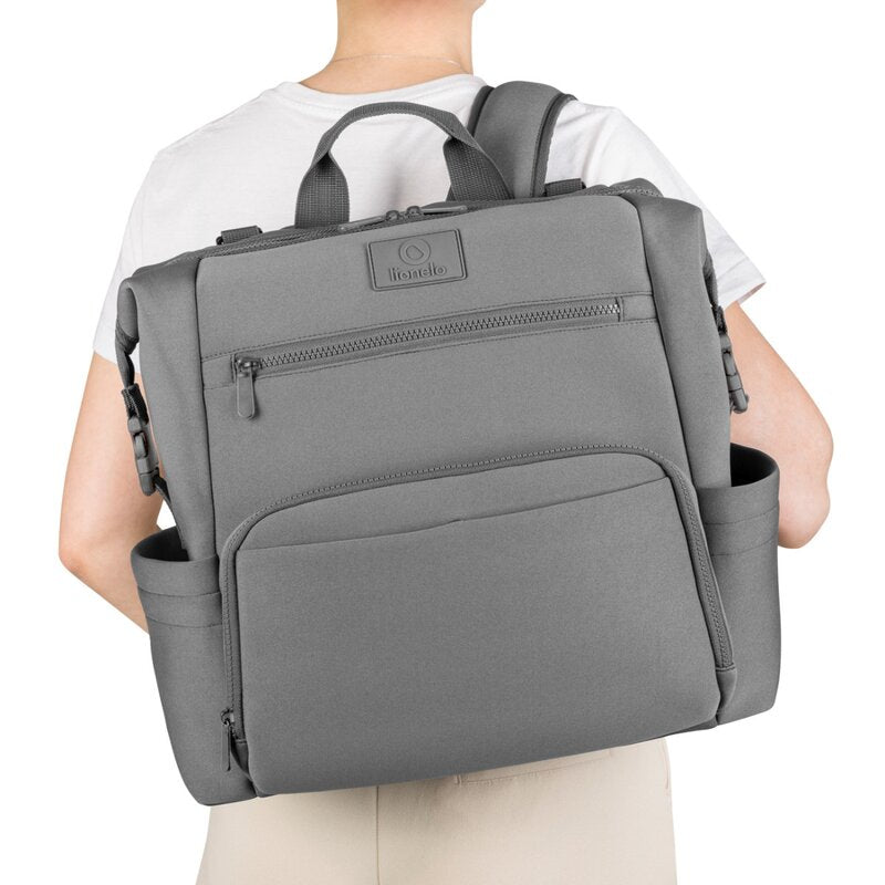Rucsac impermeabil pentru mamici, Lionelo, Cube, Cu 12 compartimente si salteluta de schimbat, Cu prindere universala de carucior, 36 x 36 x 23 cm, Gri