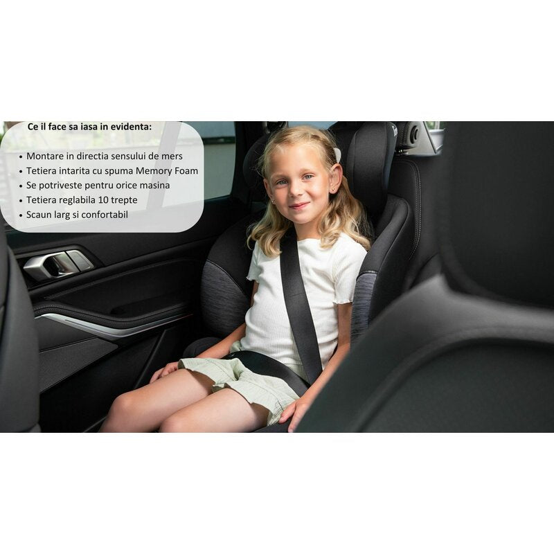 Scaun auto, Lionelo, Lars i-Size, Cu tetiera reglabila in 10 pozitii, Cu pozitionare spre sensul de mers, 15-36 Kg, 100-150 cm, Conform cu standardul european de securitate ECE R129/03, Negru/Gri - gogobaby.ro