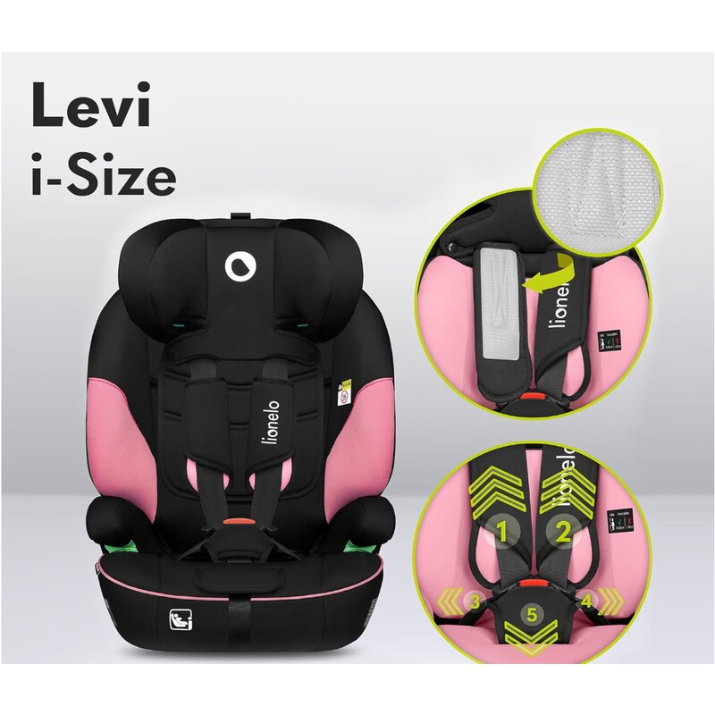 Scaun auto, Lionelo, Levi One i-Size, Universal, Instalare FWF, Cu tetiera reglabila in 10 pozitii, Cu spatar detasabil, 76-150 cm, Conform cu R129, Roz - gogobaby.ro