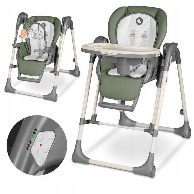 Scaun de masa si balansoar, Lionelo, Laurice, 2 in 1, Transformabil, Multifunctional, Inaltime si spatar reglabile, Cu melodii de leagan, 0 luni+, Conform cu standardele europene de securitate EN 14988, EN 16120, Verde - gogobaby.ro