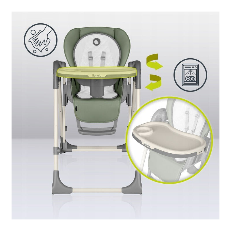 Scaun de masa si balansoar, Lionelo, Laurice, 2 in 1, Transformabil, Multifunctional, Inaltime si spatar reglabile, Cu melodii de leagan, 0 luni+, Conform cu standardele europene de securitate EN 14988, EN 16120, Verde - gogobaby.ro