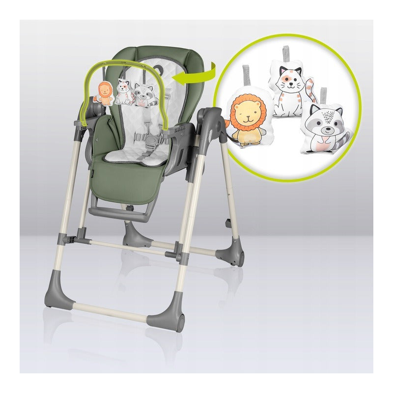 Scaun de masa si balansoar, Lionelo, Laurice, 2 in 1, Transformabil, Multifunctional, Inaltime si spatar reglabile, Cu melodii de leagan, 0 luni+, Conform cu standardele europene de securitate EN 14988, EN 16120, Verde - gogobaby.ro