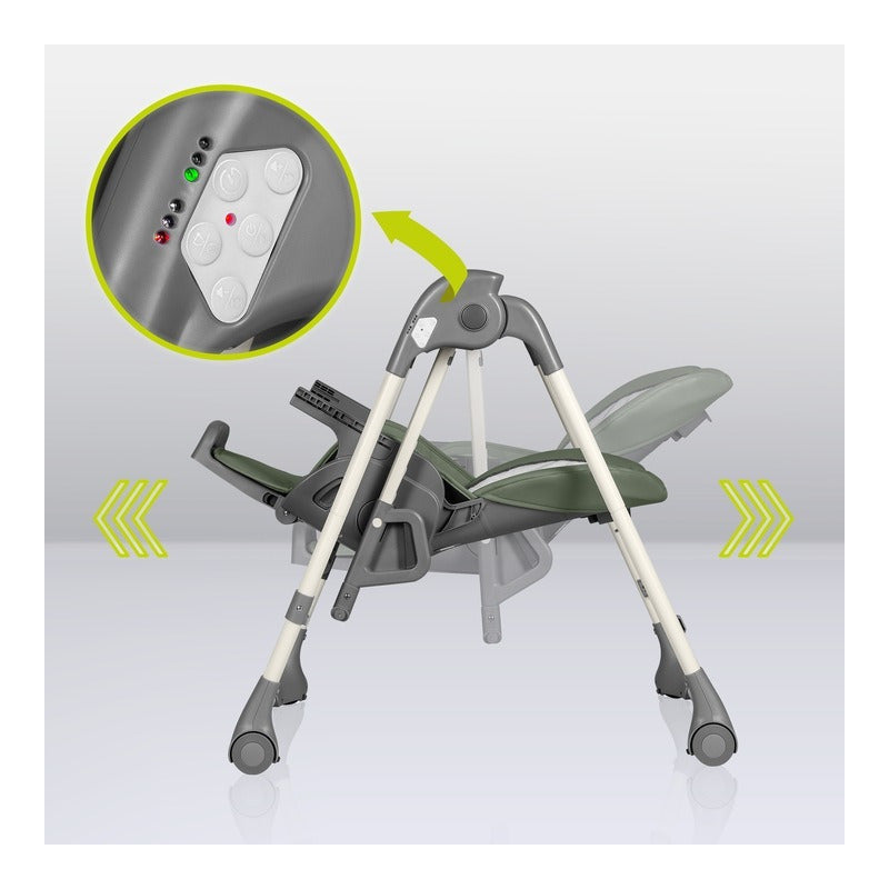 Scaun de masa si balansoar, Lionelo, Laurice, 2 in 1, Transformabil, Multifunctional, Inaltime si spatar reglabile, Cu melodii de leagan, 0 luni+, Conform cu standardele europene de securitate EN 14988, EN 16120, Verde - gogobaby.ro
