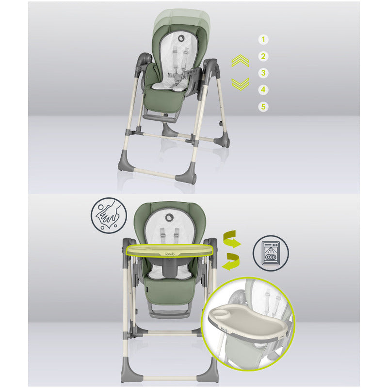 Scaun de masa si balansoar, Lionelo, Laurice, 2 in 1, Transformabil, Multifunctional, Inaltime si spatar reglabile, Cu melodii de leagan, 0 luni+, Conform cu standardele europene de securitate EN 14988, EN 16120, Verde - gogobaby.ro