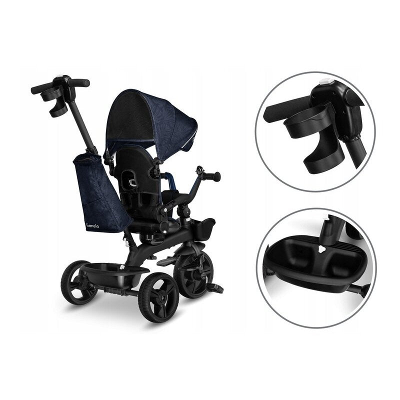 Tricicleta copii, Lionelo, Kori, Ultrapliabila, Multifunctionala, Cu suport de picioare, Control al directiei, Scaun reversibil, Rotire 360 grade, Conform cu standardul european de securitate EN71, Blue Navy - gogobaby.ro