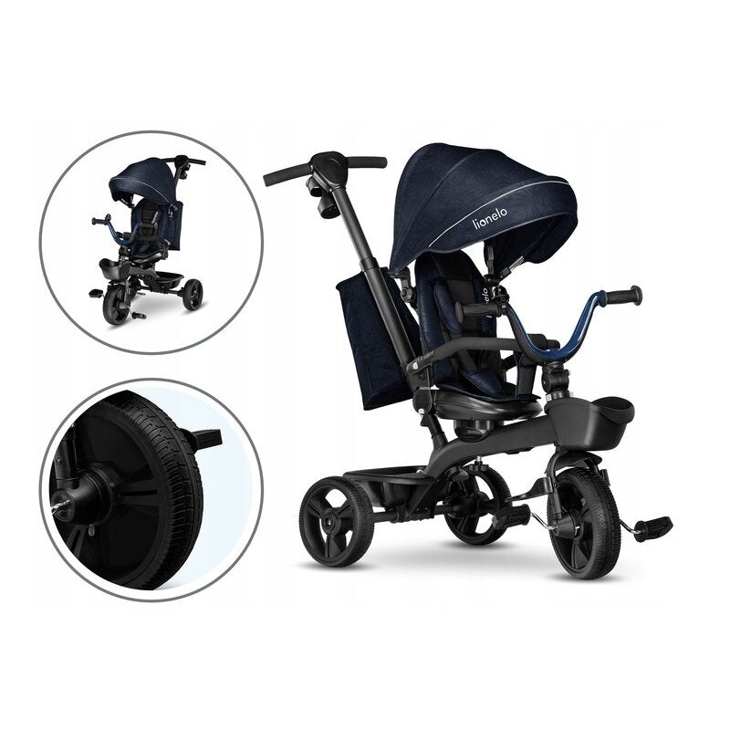 Tricicleta copii, Lionelo, Kori, Ultrapliabila, Multifunctionala, Cu suport de picioare, Control al directiei, Scaun reversibil, Rotire 360 grade, Conform cu standardul european de securitate EN71, Blue Navy - gogobaby.ro
