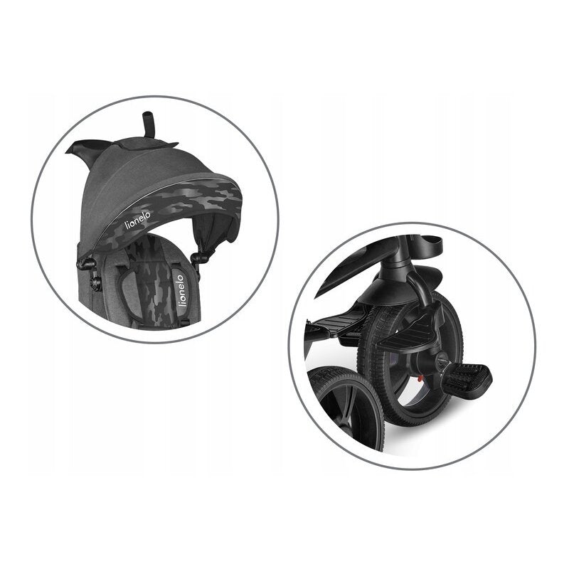 Tricicleta copii, Lionelo, Haari, Ultrapliabila, Multifunctionala, Suport picioare, Control al directiei, Scaun reversibil, Rotire 360 grade, Conform cu standardul european de securitate EN71, Gri - gogobaby.ro