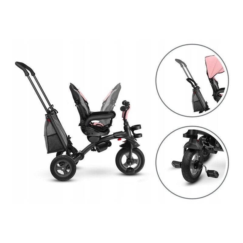 Tricicleta copii, Lionelo, Tris, Ultrapliabila, Multifunctionala. Mecanism de pedalare libera, Suport picioare, Control al directiei, Scaun reversibil, Rotire 360 grade, Conform cu standardul europeane de securitate EN71, Roz/Gri - gogobaby.ro