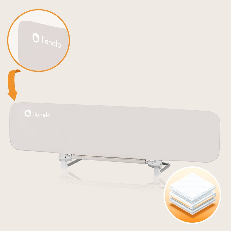 Bariera de protectie pentru pat, Lionelo, Lora XL, Pliabila, Sistem de blocare StandSafe, Geanta de transport inclusa, 150x46 cm, Conform cu BS 7972:2001+A1:2009, Bej - gogobaby.ro