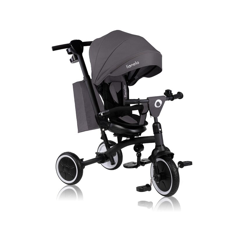 Tricicleta copii, Lionelo, Tris Plus, Ultrapliabila, Multifunctionala, Pana la 25 kg, Inclinare spatar in fata si in spate, Suport picioare, Control al directiei, Scaun reversibil, Rotire 360 grade, Conform cu EN71, 9 luni-5 ani, Gri - gogobaby.ro