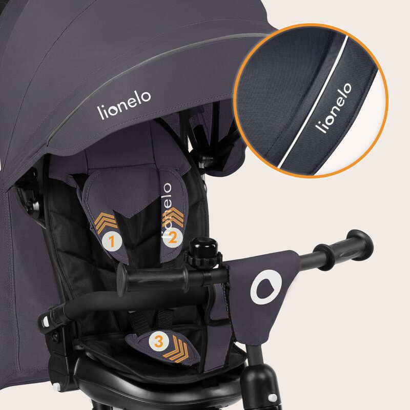 Tricicleta copii, Lionelo, Tris Plus, Ultrapliabila, Multifunctionala, Pana la 25 kg, Inclinare spatar in fata si in spate, Suport picioare, Control al directiei, Scaun reversibil, Rotire 360 grade, Conform cu EN71, 9 luni-5 ani, Gri - gogobaby.ro