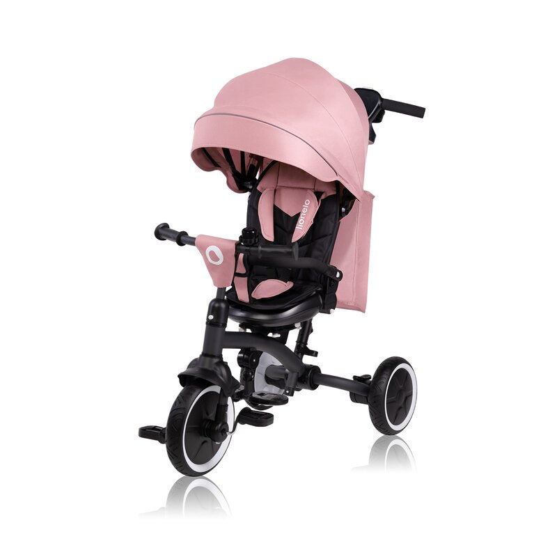 Tricicleta copii, Lionelo, Tris Plus, Ultrapliabila, Multifunctionala, Pana la 25 kg, Inclinare spatar in fata si in spate, Suport picioare, Control al directiei, Scaun reversibil, Rotire 360 grade, Conform cu EN71, 9 luni-5 ani, Roz - gogobaby.ro