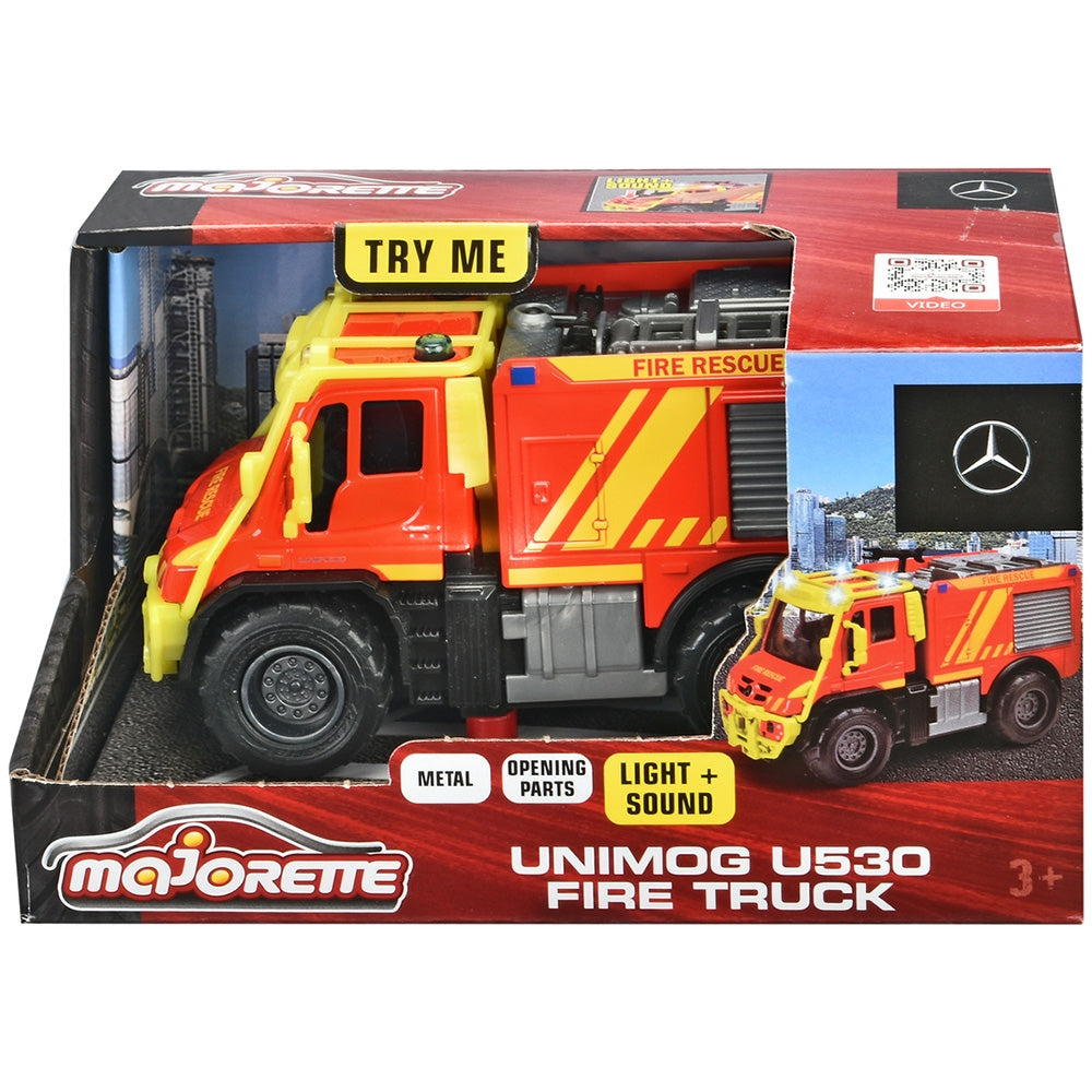 Masina de pompieri Majorette Mercedes Unimog U530 Fire Truck 13 cm cu lumini si sunete - gogobaby.ro