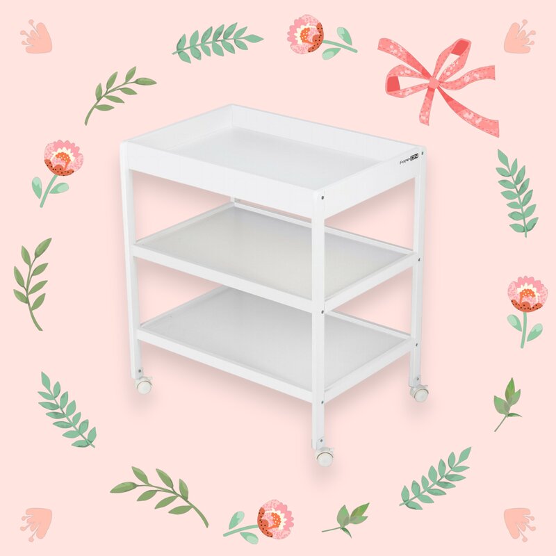 Masuta de infasat, FreeON, Mila, Din lemn, Cu 4 roti pentru transport facil, Cu 3 suprafete de depozitare, 76x54x86 cm, White - gogobaby.ro