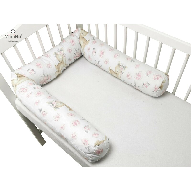 Aparatoare pentru patut, MimiNu, Tip rulou, Cu husa detasabila, Lungime 180 cm, Din bumbac certificat Oeko Tex Standard 100, Sweet Deer Pink