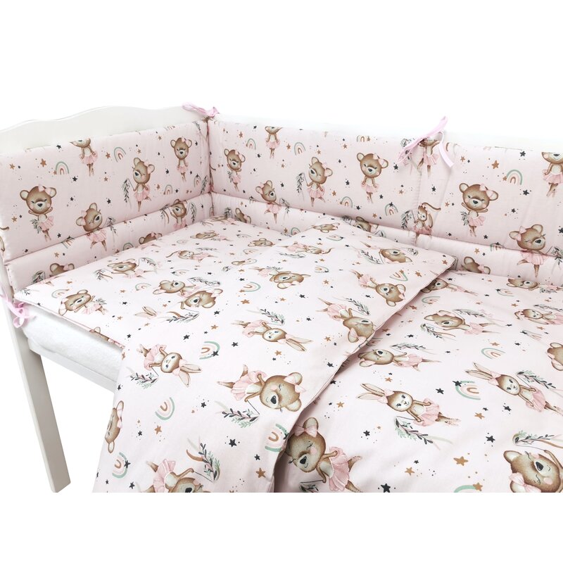 Lenjerie patut cu 3 piese, MimiNu, Pentru patut 120x60 cm, Cu protectie laterala, Din bumbac certificat Oeko Tex Standard 100, Design, Little Ballerina Pink - gogobaby.ro