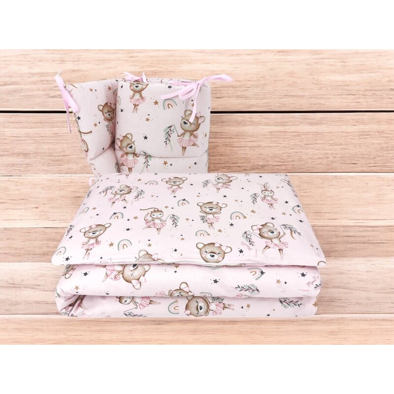Lenjerie patut cu 3 piese, MimiNu, Pentru patut 120x60 cm, Cu protectie laterala, Din bumbac certificat Oeko Tex Standard 100, Design, Little Ballerina Pink - gogobaby.ro