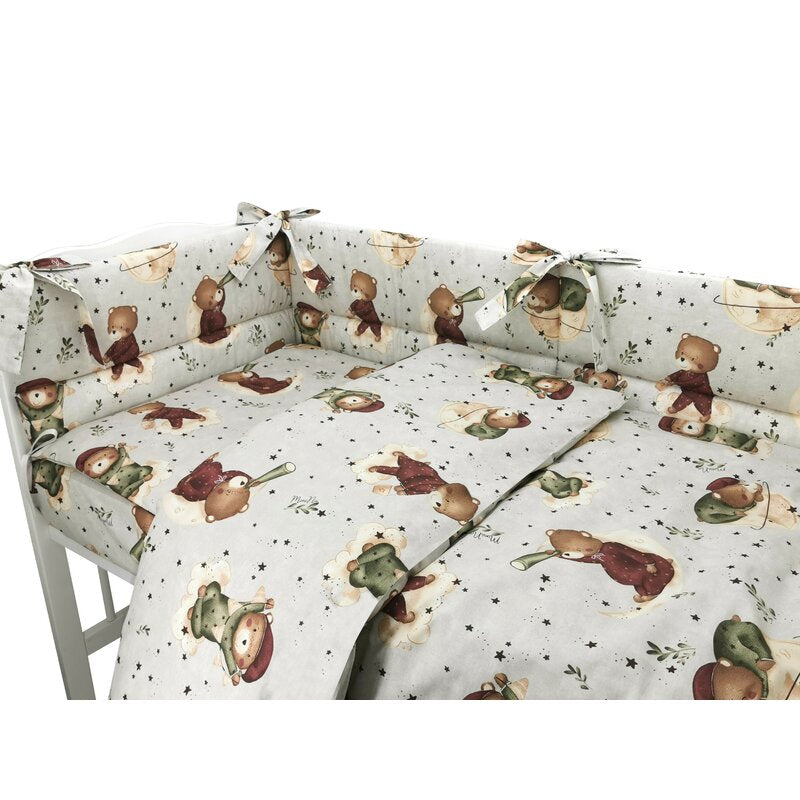 Lenjerie patut cu 3 piese, MimiNu, Pentru patut 120x60 cm, Cu protectie laterala, Din bumbac certificat Oeko Tex Standard 100, Teddy Bear On Moon - gogobaby.ro