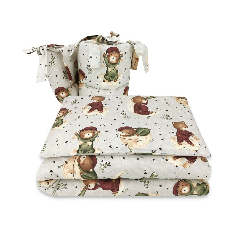 Lenjerie patut cu 3 piese, MimiNu, Pentru patut 120x60 cm, Cu protectie laterala, Din bumbac certificat Oeko Tex Standard 100, Teddy Bear On Moon - gogobaby.ro