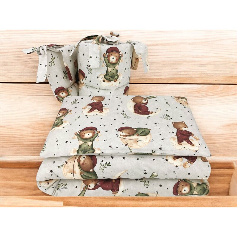Lenjerie patut cu 3 piese, MimiNu, Pentru patut 120x60 cm, Cu protectie laterala, Din bumbac certificat Oeko Tex Standard 100, Teddy Bear On Moon - gogobaby.ro
