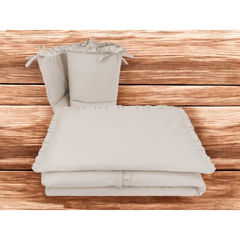 Lenjerie patut cu 3 piese, MimiNu, Pentru patut 120x60 cm, Cu volanase, Cu protectie laterala, Din bumbac certificat Oeko Tex Standard 100, Colectia Royal, Beige - gogobaby.ro
