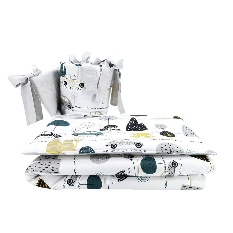 Lenjerie patut cu 3 piese, MimiNu, Pentru patut 120x60 cm, Cu protectie laterala, Din bumbac certificat Oeko Tex Standard 100, Childrens Journey Grey - gogobaby.ro