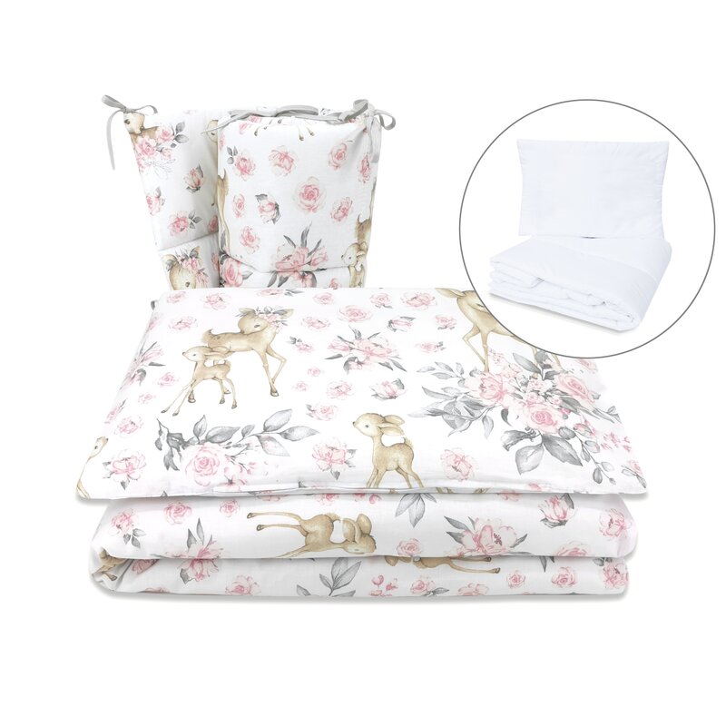 Lenjerie patut cu 5 piese, MimiNu, Pentru patut 120x60 cm, Cu pilota si perna, Din bumbac certificat Oeko Tex Standard 100, Sweet Deer Pink - gogobaby.ro