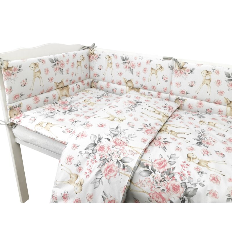 Lenjerie patut cu 5 piese, MimiNu, Pentru patut 120x60 cm, Cu pilota si perna, Din bumbac certificat Oeko Tex Standard 100, Sweet Deer Pink - gogobaby.ro
