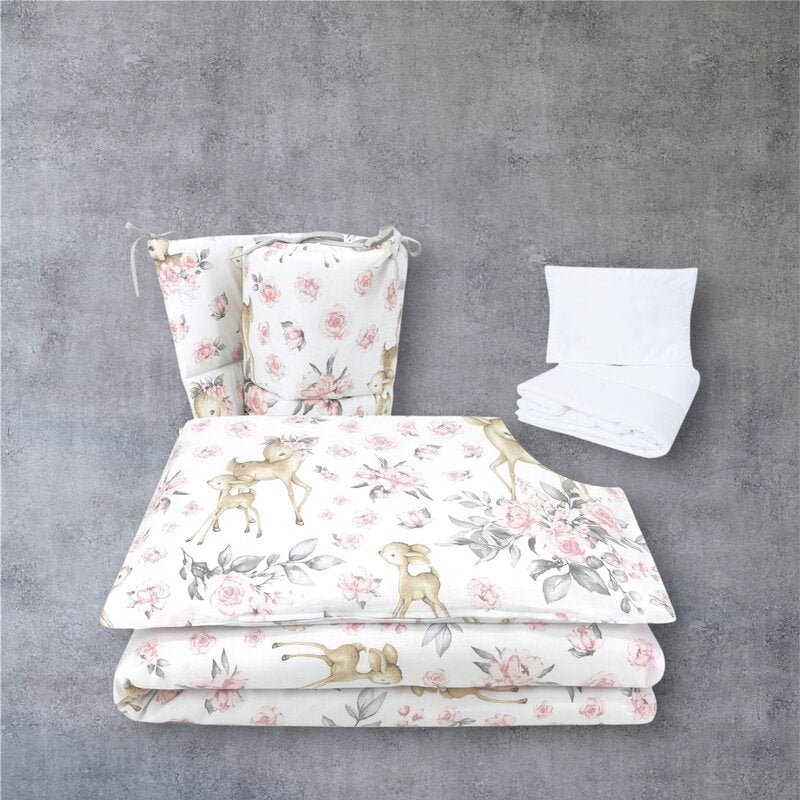 Lenjerie patut cu 5 piese, MimiNu, Pentru patut 120x60 cm, Cu pilota si perna, Din bumbac certificat Oeko Tex Standard 100, Sweet Deer Pink - gogobaby.ro